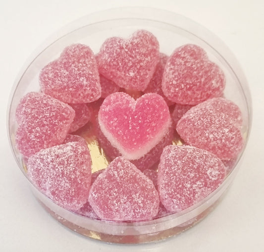 Rond cellodoosje gevuld frambooshartjes